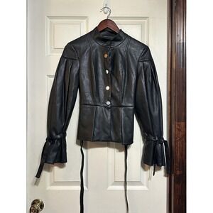 BCBGMAXAZRIA Jacket Womens XS Black Faux Leather Puff Sleeve Button Moto Tie